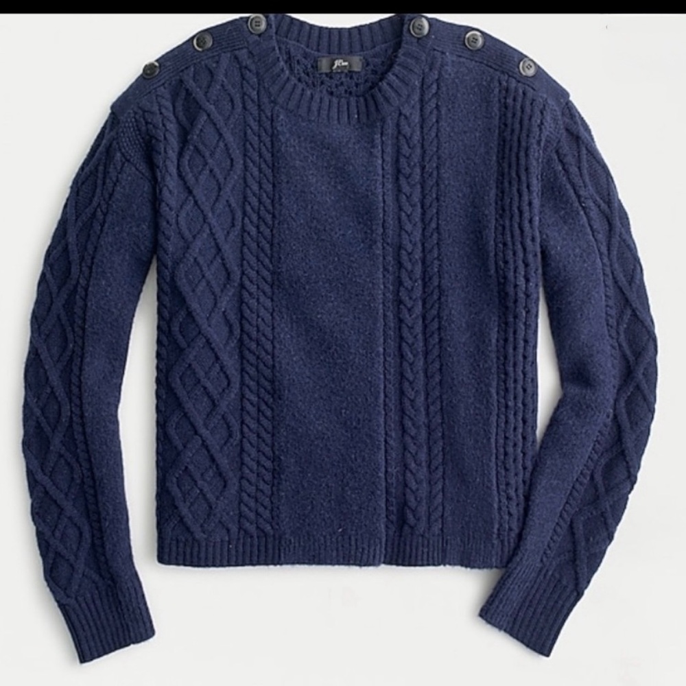 J. Crew Navy Blue Wool Blend Mixed Cable Knit Sweater with ShoulderButtons in XS